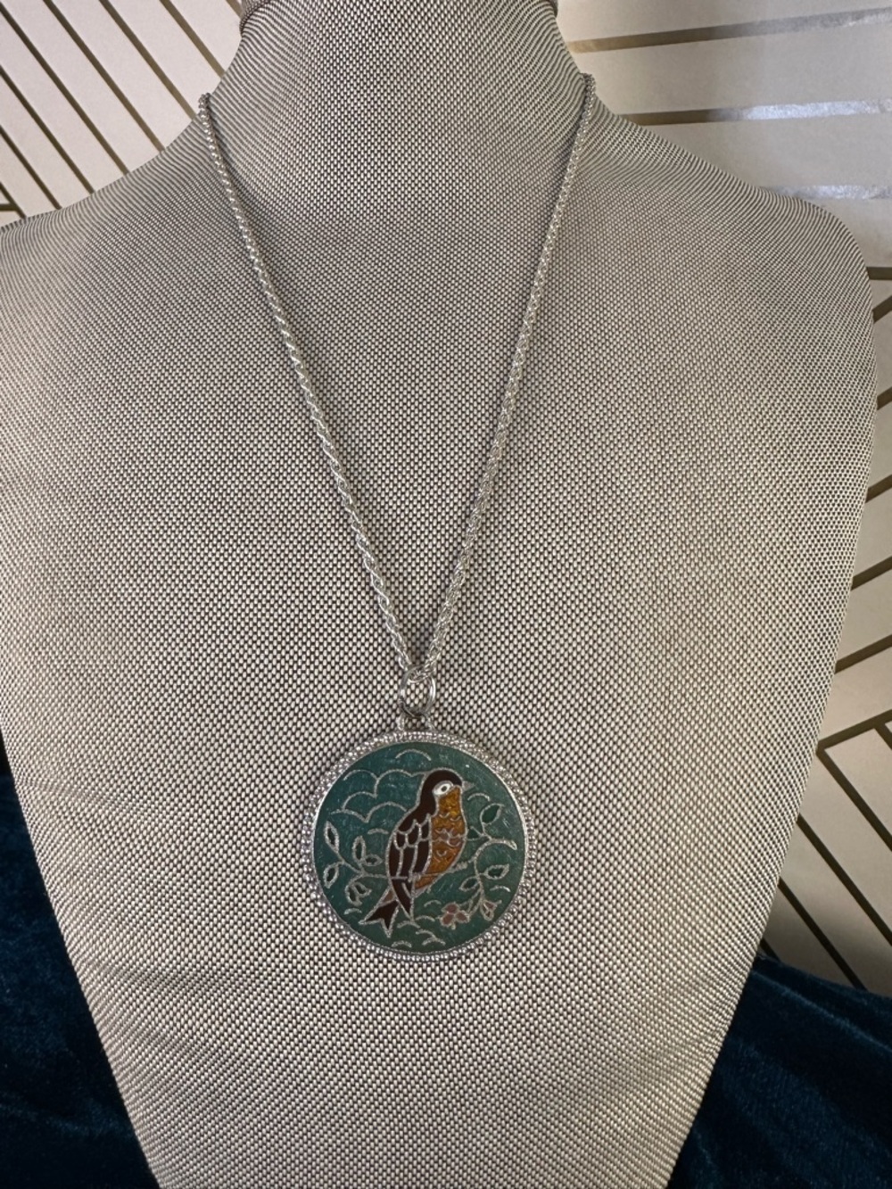 SarahCov Silver Round cloisonné-like bird Pendant on silver chain